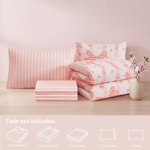 Image of Twin XL Comforter Set with Sheets for Girls-5 Pieces Twin Bedding Sets | Soft Printed Cute Bow Comforter with Pillowcases & Shams, 66 inch X 90 inch