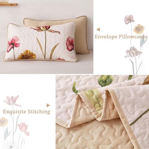 Edredón floral King de WONGS BEDDING, juego beige de 3 piezas de microfibra ligera para todo el año 5