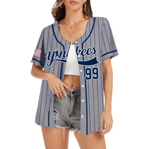 Baseball Button Up Shirt for Women Quick-Dry Sporty Team Style Fan Jersey Graphic Short Sleeve Tops for Game Day(Gray M)