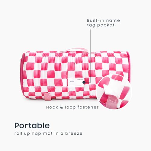 Image of Wake In Cloud - Toddler Nap Mat with Pillow and Minky Fleece Blanket, for Kids Boys Girls Ages 3 Plus in Daycare Preschool, Roll Up Sleeping Bag, Gingham Grid Checkered, Hot Pink White, Standard