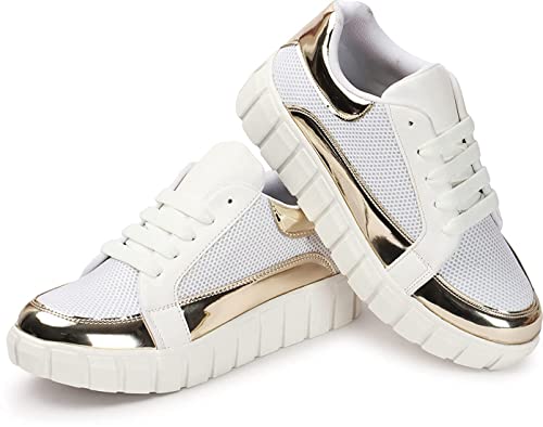 Image of MADANA Women's | Girls Casual Stylish Sneaker Shoes | Black-Shiny Golden | Smart Casual Shoes - 1133