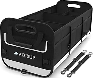 AojSup Car Boot Organiser, Multi-compartments Car Boot Storage Organiser, Collapsible Car Boot Tidy with 2 Adjustable Hooks&Non-slip Bottom, Car Trunk Organiser for Most Vehicles&Indoor, 95L, Black