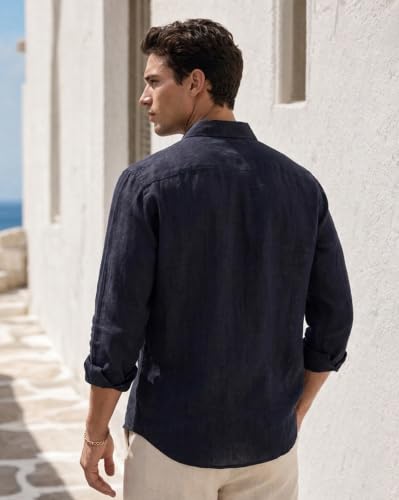 Image of Nobero Breezy Premium Linen Cotton Shirt for Men | Stylish Casual Shirts for Men | Semi Cut Collar | Box Pleat | Curved Hem | Regular Fit | Full Sleeve | S-XXXL