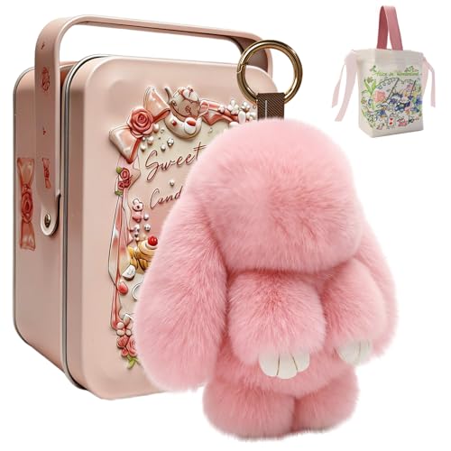 nnOuOnn Bunny Keychain in a Tin Pocket Cute Plush Fluffly Bunnies Keyring Rabbit Key Ring Easter Gifts for Women With Gift Box & Bags (Pink 15cm)
