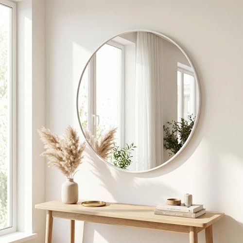 Image of HARRITPURE Round Mirror 24 inch White Wall Mounted Circle Mirrors Vanity Mirror with Brushed Aluminum Alloy Frame Modern Decoration for Bathroom, Living Room, Vanity, Bedroom, Entryway
