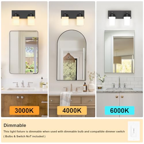 Image of IZORRO Bathroom Vanity Light Fixture, 2-Light 15 Inch Matte Black Bathroom Light Fixtures Over Mirror, with White Glass Shade, Modern Farmhouse Vanity Lights, Rustic Restroom Lighting Fixtures