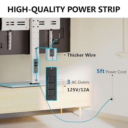Image of FITUEYES Universal TV Stand with Power Outlets for 50-85 inch TVs, Swivel&Height Adjustable Tall TV Stand for Bedroom Living Room, 27.5''Large Tempered Glass Base Holds up to 110 lbs, Ivory White