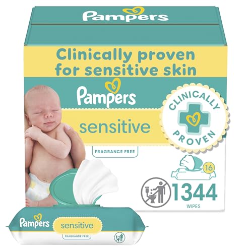 Image of Pampers Baby Wipes, Sensitive, Water Based Wipe, Clinically Proven, Hypoallergenic, and Unscented for Babies, 1344 Wipes Total (16 Flip-Top Packs)