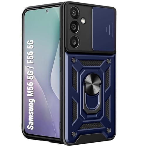 Image of TheGiftKart Tough Armor Bumper Back Cover Case for Samsung Galaxy M56 5G / F56 5G | Kickstand & Ring Holder | 360 Degree Protection Cover for Samsung M56 / F56 (PC & TPU, Sliding Camera Cover, Blue)