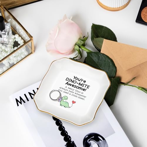 PUDDING CABIN Dinosaur Gift for Women, Ceramic Ring Dish Affirmation Trinket Dish with Keychain, Birthday Gifts for Women Mothers Day Gift Cute Vanity Organizer Encouragement Present — view 3