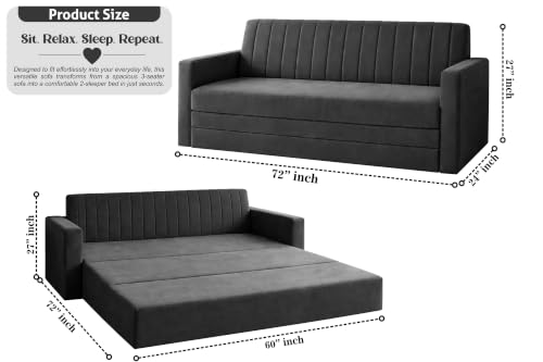 Image of 3-Seater Velvet Sofa Cum Bed with Armrests | Modern Convertible Sleeper Couch | Stylish Sofa Bed for Living Room, Bedroom & Office | Black