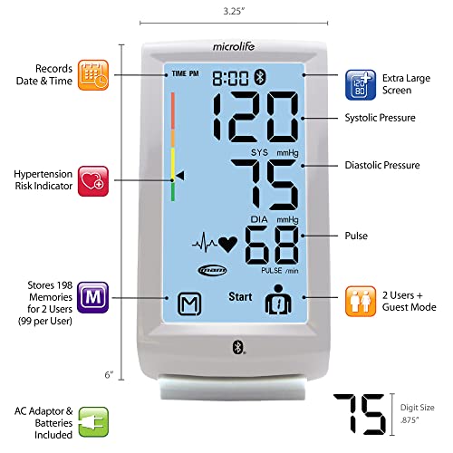 Microlife Bpm8 Bluetooth Blood Pressure Monitor, Upper Arm Cuff, Digital, Bluetooth Connectivity, Free Health App, Illuminated Touch Screen, Stores 240 Readings For 2 Users (120 Readings Each) #TOP3