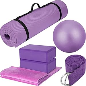 Junkin 7 Pieces Yoga Starter Kit Yoga Mat Set Include Yoga Mats with Carrying Strap, 2 Yoga Blocks, Yoga Ball with Air Pump, Yoga Mat Towel, Yoga Strap, Yoga Kit and Sets for Beginners Women and Men