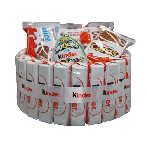 Ichuches. Cesta Chocolate,Tarta de productos kinder, regalos originales con kinder bueno, huevos kinder, kinder happy hippo. (Mediano)