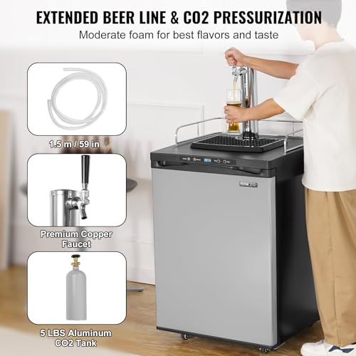 Image of VEVOR Beer Kegerator, Single Tap Draft Beer Dispenser, Full Size Keg Refrigerator With Shelf, CO2 Tank(No Gas), Drip Tray & Rail, 23F- 82.4F Temperature Control, 162L, Silver