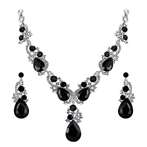 BriLove Wedding Bridal Necklace Earrings Jewelry Set for Women Multi Teardrop Cluster Crystal Statement Necklace Dangle Earrings Set Black Silver-Tone