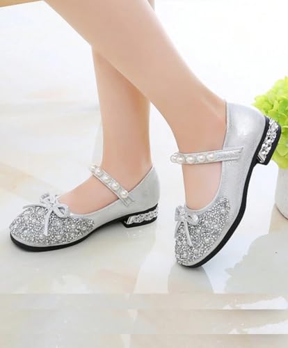 Girls' Glitter Mary Jane Dress Shoes, Pearl Strap, Silver, Low Heel,Size 2.53