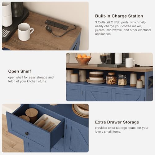 Image of 47 inch Blue Farmhouse Storage Cabinet with Barn Doors and Drawers, Sideboard | Buffet Cabinet with Storage, Kitchen Pantry Hutch, Coffee Bar Station Table for Kitchen, Living, Dining Room