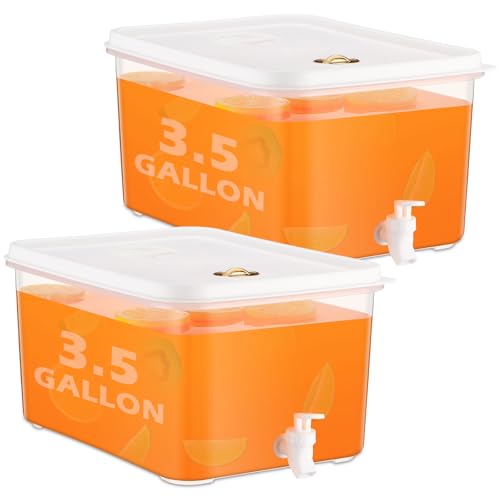 Image of Domensi 2 Pack 3.5 Gallon Drink Dispenser for Fridge with Spigot Water Dispenser Leak Proof Lids Filter Screen Beverage Juice Container Sealed Plastic Lemonade Milk Cold Hot Drink Tea Jug for Party