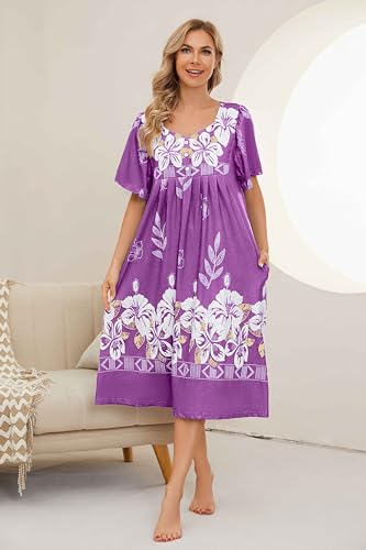Image of House Dresses for Women with Pockets Mumu Dresses Short Sleeve Moo Moos for Women Nightgown Duster Lounge Dress S-3XL