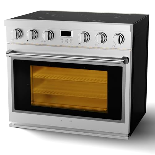 36 Inch Electric Range Oven with 5 High-Efficiency Burners, 6 Cu.Ft. Electric Freestanding Range, Glass Cooktop, 6 Cooking Modes Energy-Saving Convection Oven, Flexible Installation, Stainless Steel