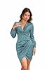 TDiooCor Womens Sexy V Neck Classy Party Pencil Slit Formal Dresses Ruffle Elegant Midi Cocktail Dress Long Sleeves Seablue #2