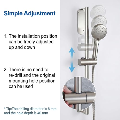 Image of HASTHIP Shower Slide Rail, 59cm Stainless Steel Shower Head Bracket, Sliding Shower Head Holder for 18-25mm Handle, No Drill Wall Mounted Shower Holder, Angle & Height Adjustable
