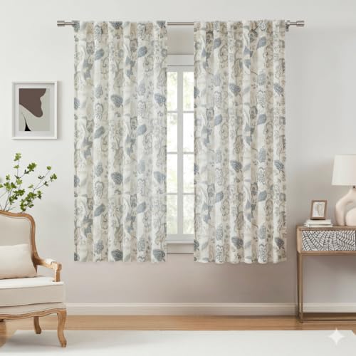 Kayne Studio Botanical Print Semi Sheer Curtains Blue Grey Floral Leaf Farmhouse Linen Curtain Drapes Light Filtering Window Treatments for Living Room Bedroom Rod Pocket Back Tab,52'x63',2 Panels