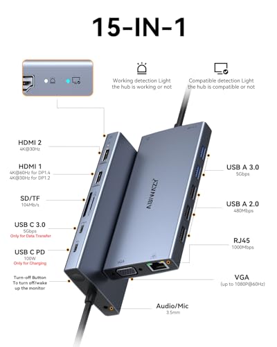 Image of USB C Docking Station Dual Monitor for Dell /HP /Lenovo /Surface Laptop, 15 in 1 Triple Display Multiport Adapter Hub, USBC Dock Dongle with 2 HDMI+VGA+6 USB C /A+Button+100W PD+Ethernet+SD /TF+Audio