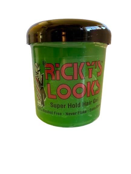 Ricky's Looks Styling Hair Gel for curly, Frizzy, Straight, Wavy & Fine Hair- Flake Free, Strong Hold and Shine- For All Hair Types -Men & Women 16 oz (Super Hold)