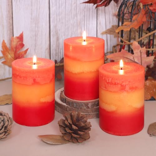 FLAVCHARM 3x4 Inch Pillar Candles 3 Pack Rustic Orange Handmade Layered Clean Burning Pumpkin Spice Scented Candles Fall Harvest Aesthetic Halloween Decorative for Home Dinner Table Decor
