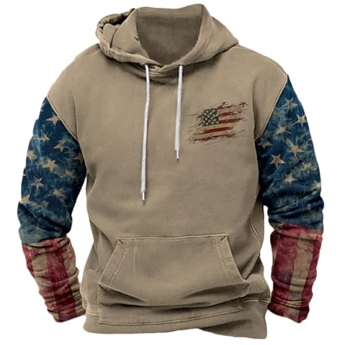 HOTYD American Flag Hoodies for Men Vintage Eagle Graphic Hooded Sweatshirts Drawstring Western Cowboy Hoodies Pullover