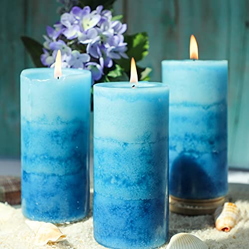 Pillar Candles Ocean Scented, Immeiscent Aromatherapy Candles, 60+ Hours Burn Long Lasting, Blue Mottled Layered Candles For Home Scented, Spa, Restaurant, Set Of 3(Dia:3Xh:6”) #TOP3
