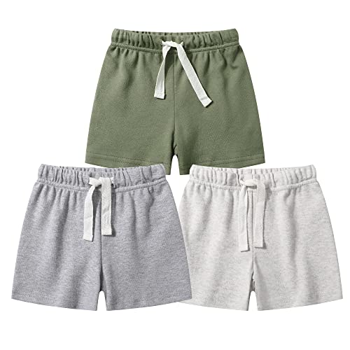 Owlivia Baby Boy Shorts, Toddler Unisex Pull-on Knit Short, Summer Organic Cotton Shorts, 3 Pack Jogger Pants(Olive & Dark Grey & Light Grey, 2 Years)