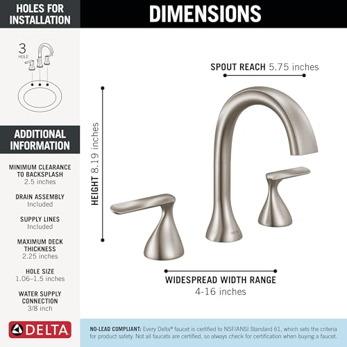 Image of Delta Bonacci Brushed Nickel Bathroom Faucet 3 Hole, 8 Inch Widespread Bathroom Sink Faucet for Vanity, Metal Push-Pop Drain Assembly, Lumicoat Stainless 3545-SS-PR-DST