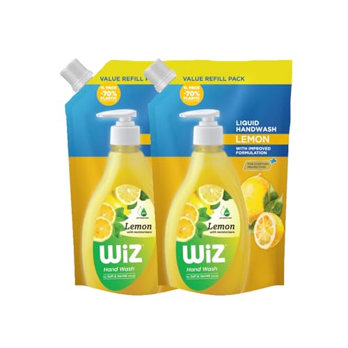 Image of Wiz Lemon Hand Wash Refill Pouch - 1L (Pack of 2) | pH Balanced | 70% Less Plastic | Zesty Lemon Freshness | Germ Protection | Gentle & Moisturizing Formula