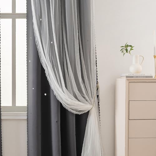 Image of Yancorp Grey Curtains for Bedroom Living Room Thermal Insulated Kids Curtain Hollow-Out Star Window Nursery Curtain 63 inches Length Room Darkening Grommet(Grey,34 * 63),1 Panel