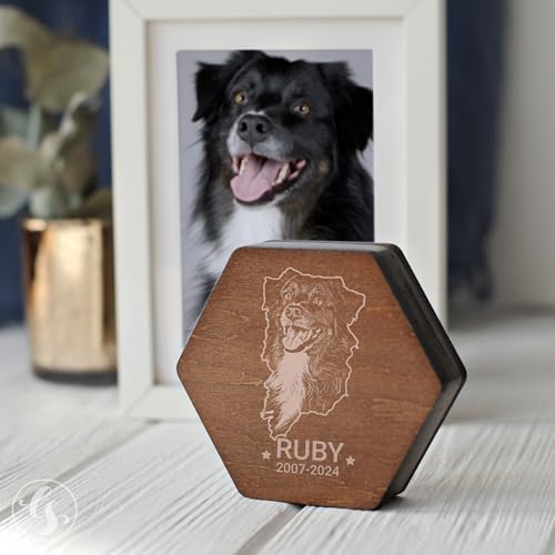 Image of Personalized Pet Hair Keepsake Box for Dog and Cat Fur - Engraved Wood Memorial Box - Unique Customized Gift for Loss of Furry Friend Wooden (Dark Diamand Wood Lid, With Photo)