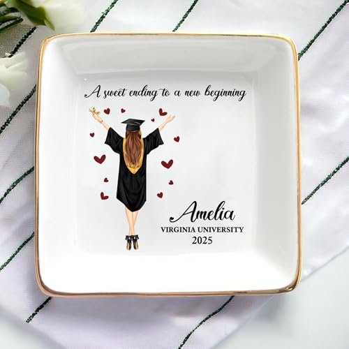 HCRSEVENUS Personalized Jewelry Dish, A Sweet Ending to a New Beginning, Graduation Gift for Her 2025, Custom Keepsake for Best Friend, Daughter, or Graduate
