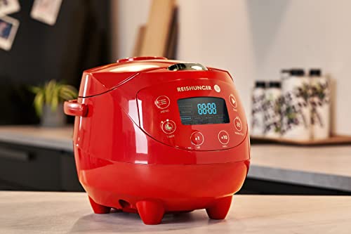 Reishunger Digital Mini Rice Cooker & Steamer, Red With Keep-Warm Function & Timer - 3.5 Cups - Small Rice Cooker Japanese Style With Ceramic Inner Pot - 8 Programs - 1-3 People #TOP1