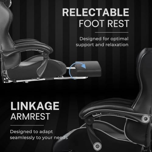 كرسي العاب مريح #1USA من جي تي بلاير مع وسادة تدليك USB ومسند للقدمين ومساند للذراعين - كرسي مكتب العاب الفيديو من جلد البولي يوريثين مع دعم قطني قابل للتعديل ومسند راس (GCC، اسود)