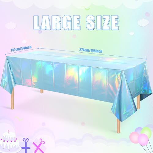 Image of 3 Pack Iridescent Light Blue Tablecloth for Parties, Pastel Blue Holographic Plastic Table Cover, Disposable Laser Baby Blue Table Cloth for Birthday Wedding Baby Shower Party Decorations, 54x108 Inch