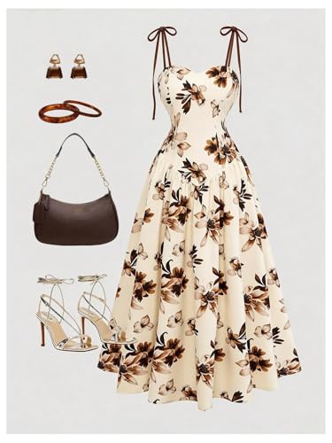 Image of SHENHE Women's Floral Bustier Corset Dress Tie Shoulder Smocked Flowy Boho Long Dress Sundress