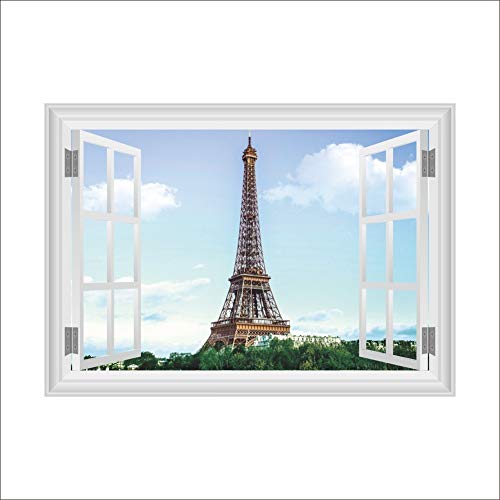 Stickers Muraux Fenêtre Sticker Mural Fenetre Trompe l'oeil Ouverte Poster Tour eiffel paris 50 x 70 cm