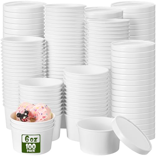 Image of Fulmoon 6 oz 100 Pack Paper Containers with Lids Soup Bowl Cup, White | Disposable Ice Cream Cup, Kraft Food Containers with Vented Lid Stackable for Hot Soup Dessert Cake Fruit Microwave Takeout