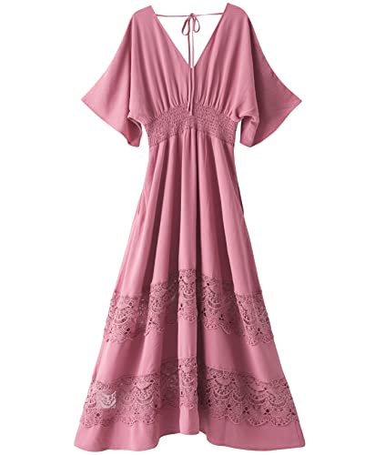 Image of Olaesa Boho Maxi Dress V Neck Short Sleeve Lace Smocked Waist Flowy Dress | Wedding Guest Dress with Pockets, Summer Bohemian Vacation Dress, Elegant Party Dress for Family photo& Baby Shower