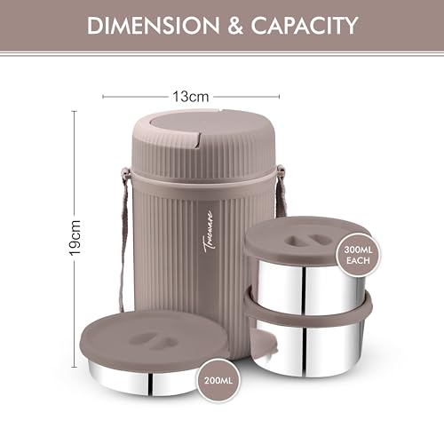 Image of Trueware GRUB 2 Double Wall Insulated Hot Lunch Box with 2 SS Container 300 ML Each & 1 SS Container 200ML | Bpa Free | Food Grade | Hot and Fresh Ma (LBI-GRB-002-Peach BAZ)