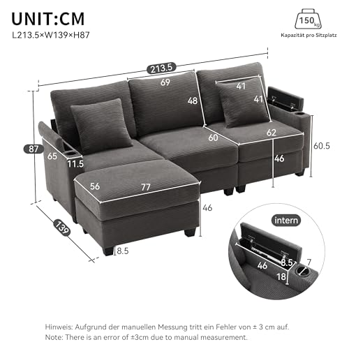 Arhatreya 3 Sitzer L-förmiges Sofa Gästesofa Modern Couch mit 2 Kissen, 3er Sitzsofa mit Getränkehalter Fußhocker und Getränkehalter, Ecksofa für Wohnzimmer, Schlafzimmer, Buros, Cordstoff, Grau – Bild 3