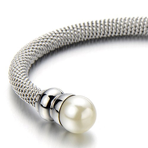 Classic Ladies Stainless Steel Bangle Bracelet with Synthetic White Pearl3