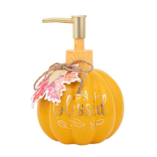 Simple Pleasures Grateful Pumpkin Spice Scented Liquid Hand Soap Dispenser - Autumn & Halloween Ceramic Novelty Decorative Refillable Hand Pump for Kitchen Countertops and Bathroom Sinks